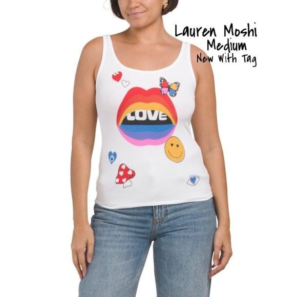 Lauren Moshi Rainbow Lips Tank Top Tee - Medium White Love, New with Tags - Picture 1 of 3